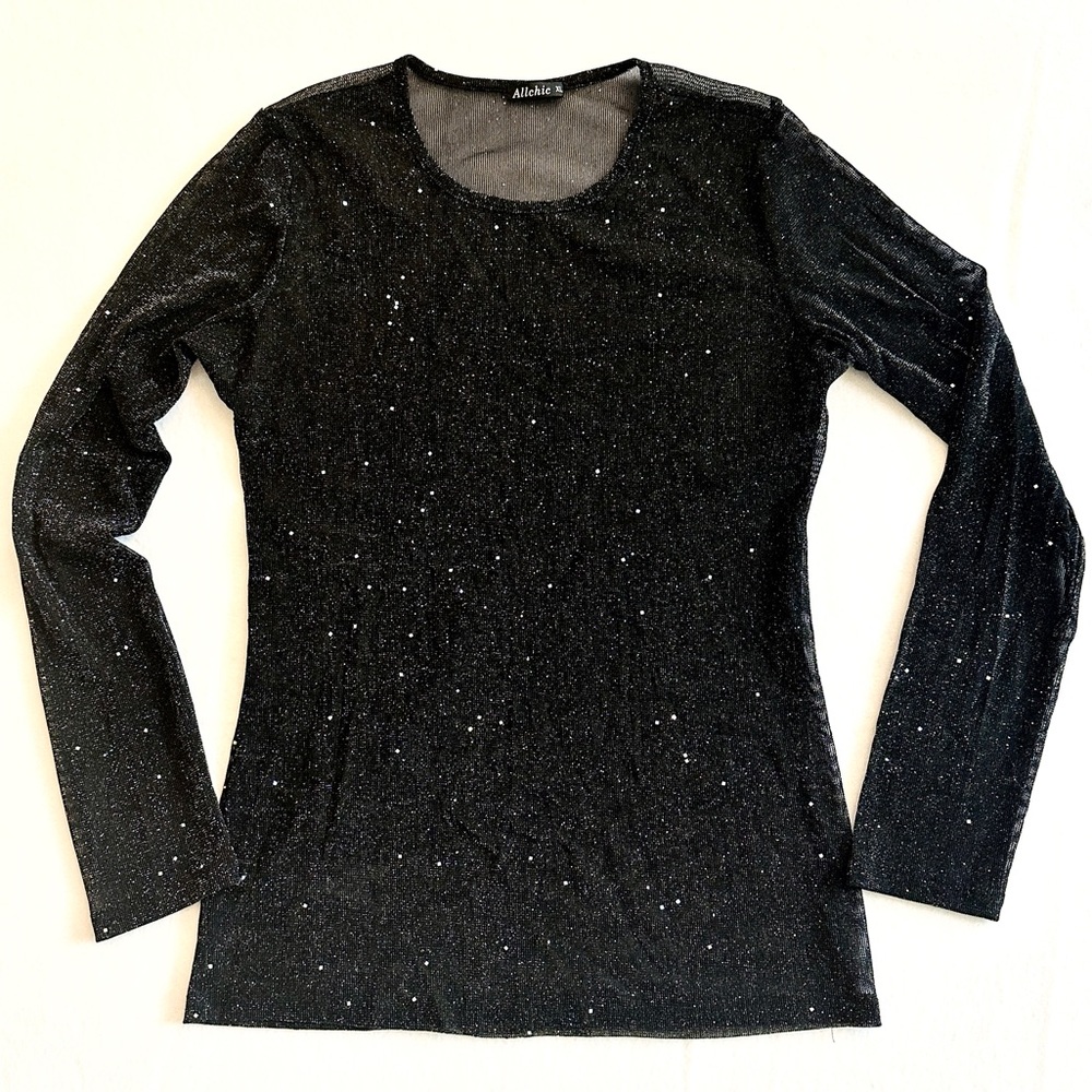 Allchic Glitter Sheer Mesh Long Sleeve Black Top Women’s Size XL